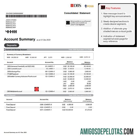 em branco Singapore DBS modelo de extrato bancário Word e PDF, versão 2